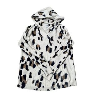 Nic + Zoe Slouchy Animal Print‎ Hooded Vneck Sweater 100% Cotton Medium